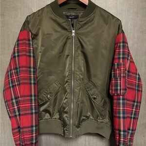 Forever 21 Olive Green Bomber Jacket with Red Plaid Sleeves